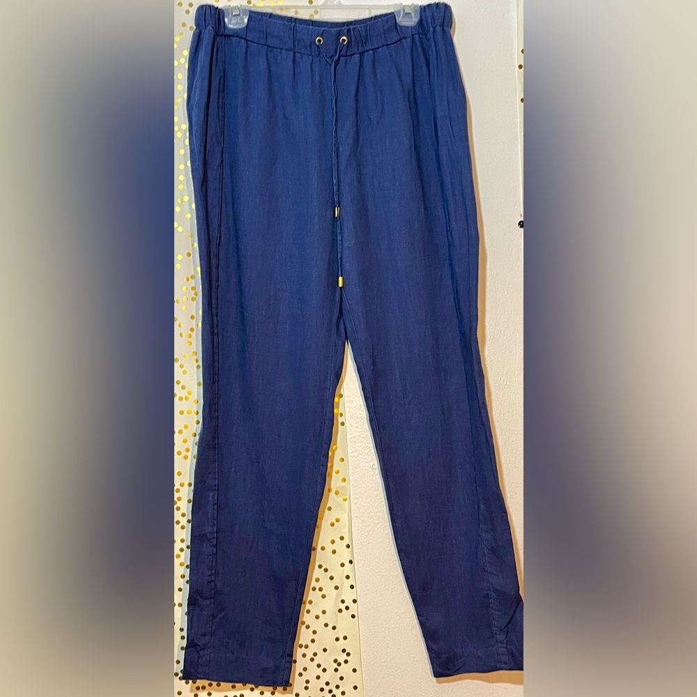Ellen Tracy Blue 100% Linen Cropped Drawstring Pants size Large
